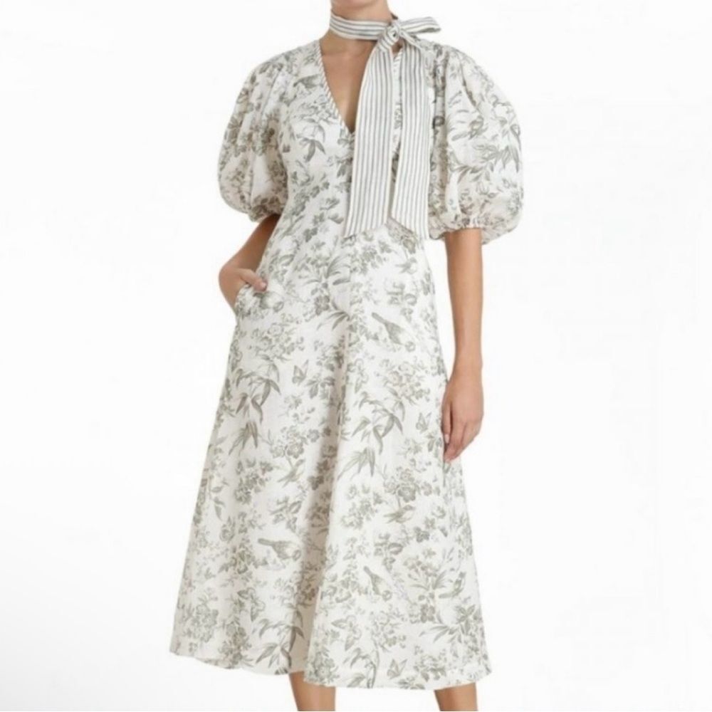 Zimmermann Linen Day Midi Dress Puff Sleeve Pockets Olive Green Toile Floral 6